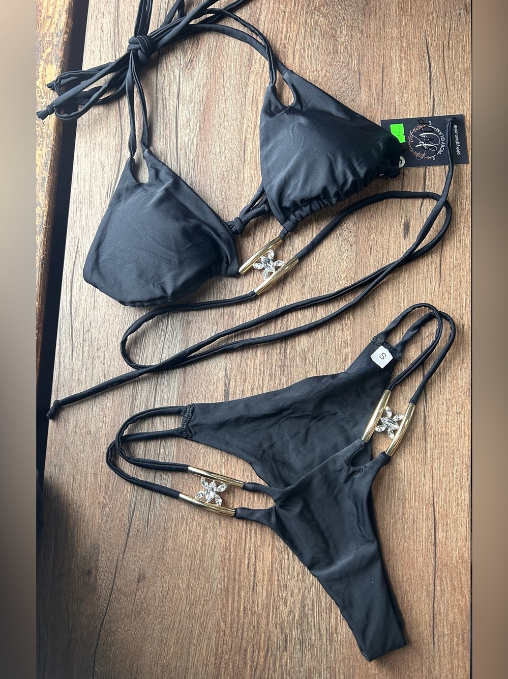 Picky Glam Black Rhinestone Gold Accent String Bikini Woman’s small